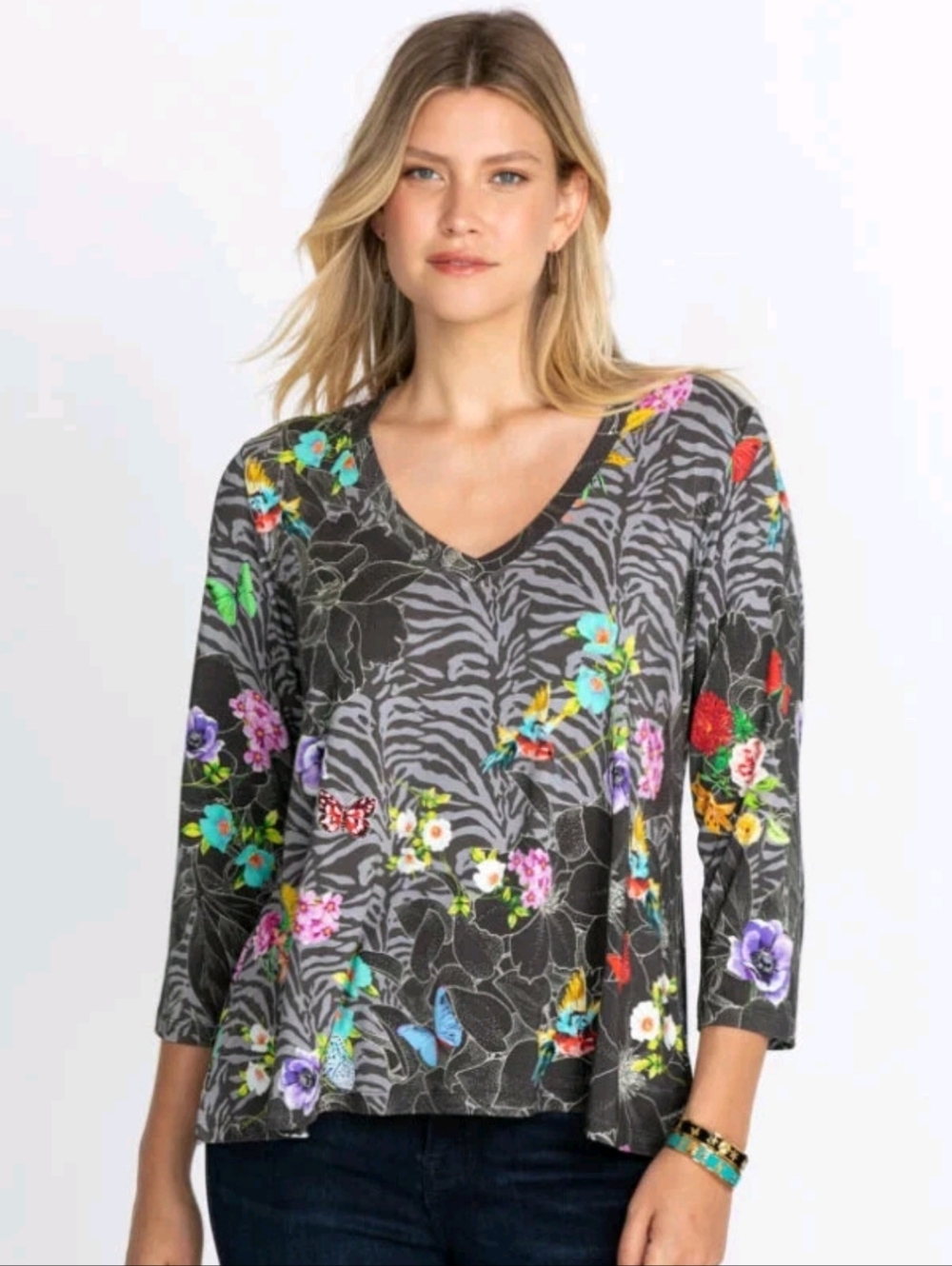 Johnny Was Zippy Favorite V-Neck Floral & Zebra Print Bamboo Women's Top XL
